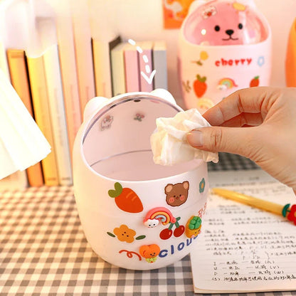 Mini Desktop Trash Can Organizer Cute Bear Multifunction Creative Cosmetic Bucket with Lid Pen Holder Kawaii Stickers Patchers