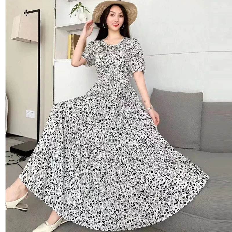 Summer New Cotton Silk Dr Casual High Waist Floral Print Beachwear Outerwear Slimming Waist Long Skirt A-Line Gown