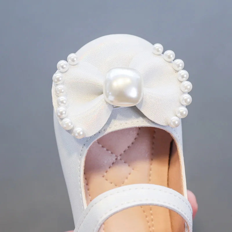 Girl's Leather Shoes Casual Simple Bowtie with Pearls 2024 New Flat Shoes Soft Sole Baby Kids Dress Shoes Children Party Flats