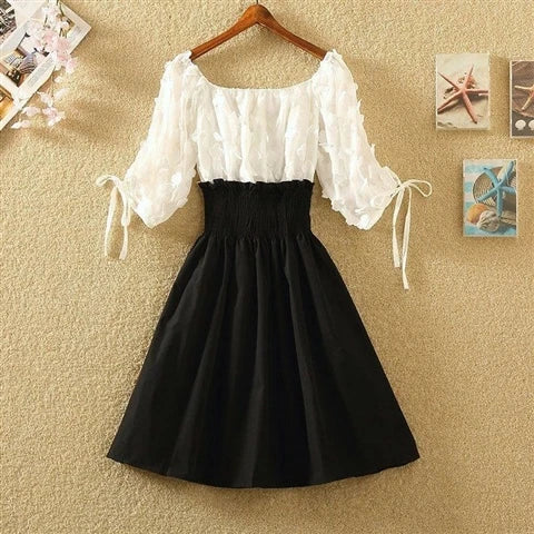 Women Summer French Style Elastic Waist Dress Korean Edition New Splicing Design Slim Half Sleeve Fairy Knee-length Dresses