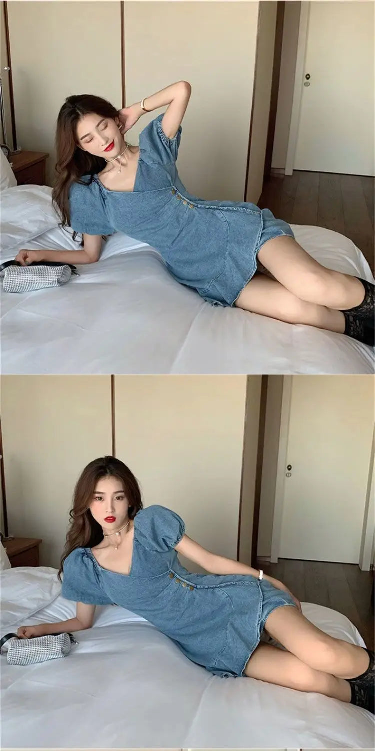French Denim Dress Women's Summer Thin Waist Short Skirt