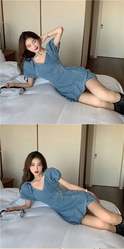 French Denim Dress Women's Summer Thin Waist Short Skirt