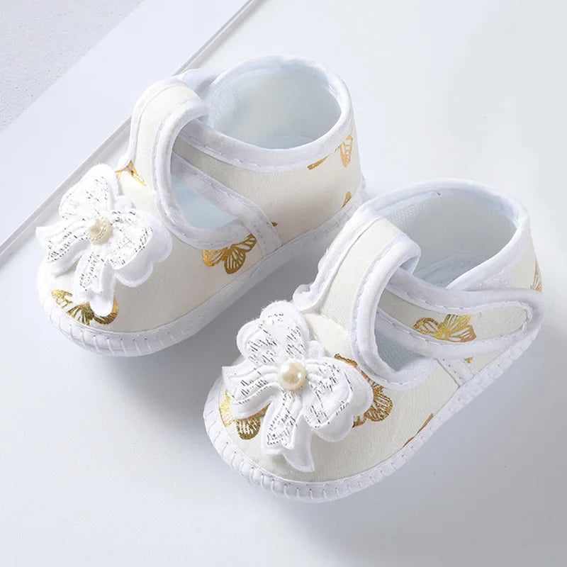 Newborn Baby Boy Girls Shoes Spring Autumn Lovely Floral Embroidery Anti-Slip Sneaker Crib Shoes Soft Cotton Cute First Walkers (Available)