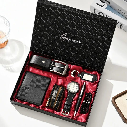 New Luxury Men's Accessory Set Watch Belt Wallet Pen Keychain Bracelet Cufflinks Sunglasses Gift Box for Dad Husband Boyfriend