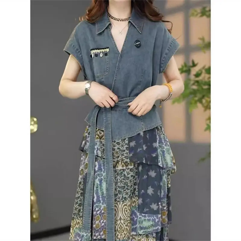 Women's Summer Dress Fake Two Piece Cowboy New Vintage Simple Loose Casual Design Fashion Advanced Soft Niche Versatile Skinny