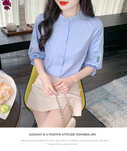 Ele Embroidered ort Sve irt Women's Summer New Design Korean Sle Commute Lantern Sve White irt for Ladies