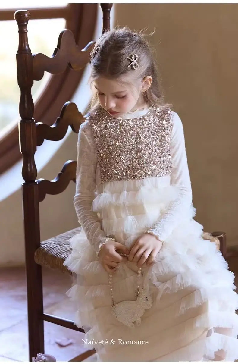 New Summer Party Dress for Kids Girls Sequined Sleeveless Mesh Cake Princess Dress Fashionable and Comfortable Skirt S4016