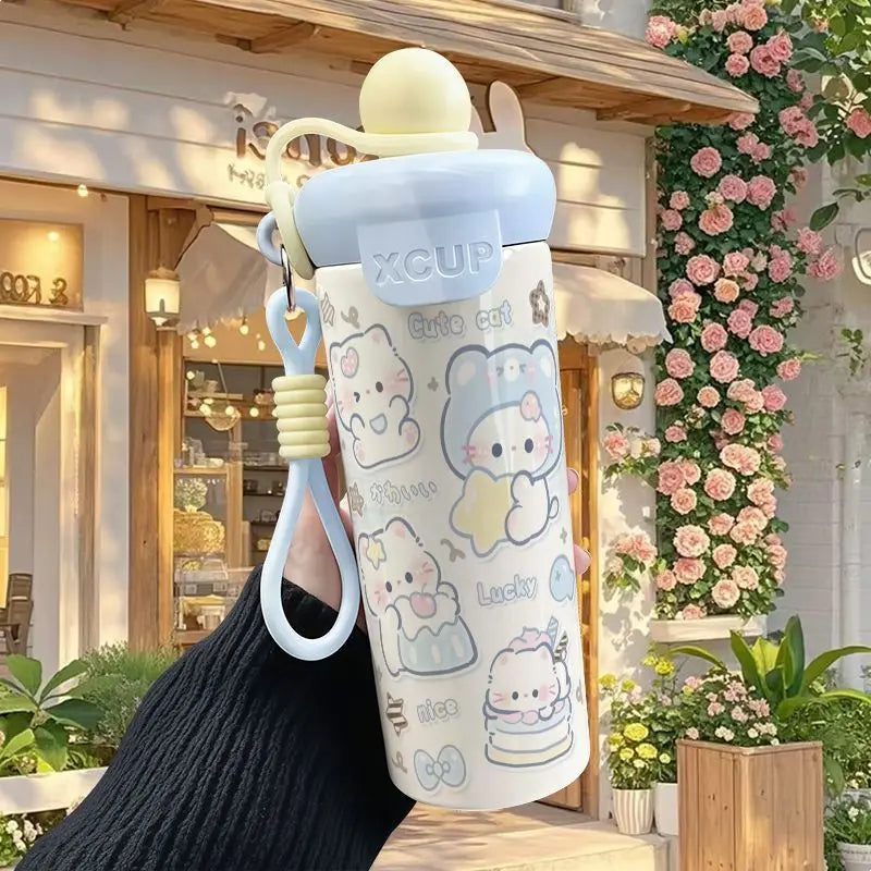 600ml Sanrio Hello Kitty Vacuum Thermos Cup SS316 Insulated Coffee Mug with Lifting Rope Portable Outdoor Drinking Water Kettle