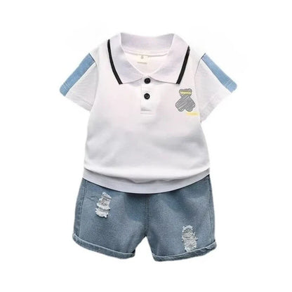 Children Summer Fashion Baby Boys Clothes Cartoon Bear T-shirt Denim Shorts 2pcs/sets Kids Outfits Costume Casual Sports Suit