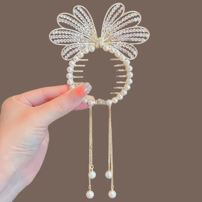 Ladies Butterfly Rhinestone Pearl Metal Hair Claw Round Bun Ponytail Holder
