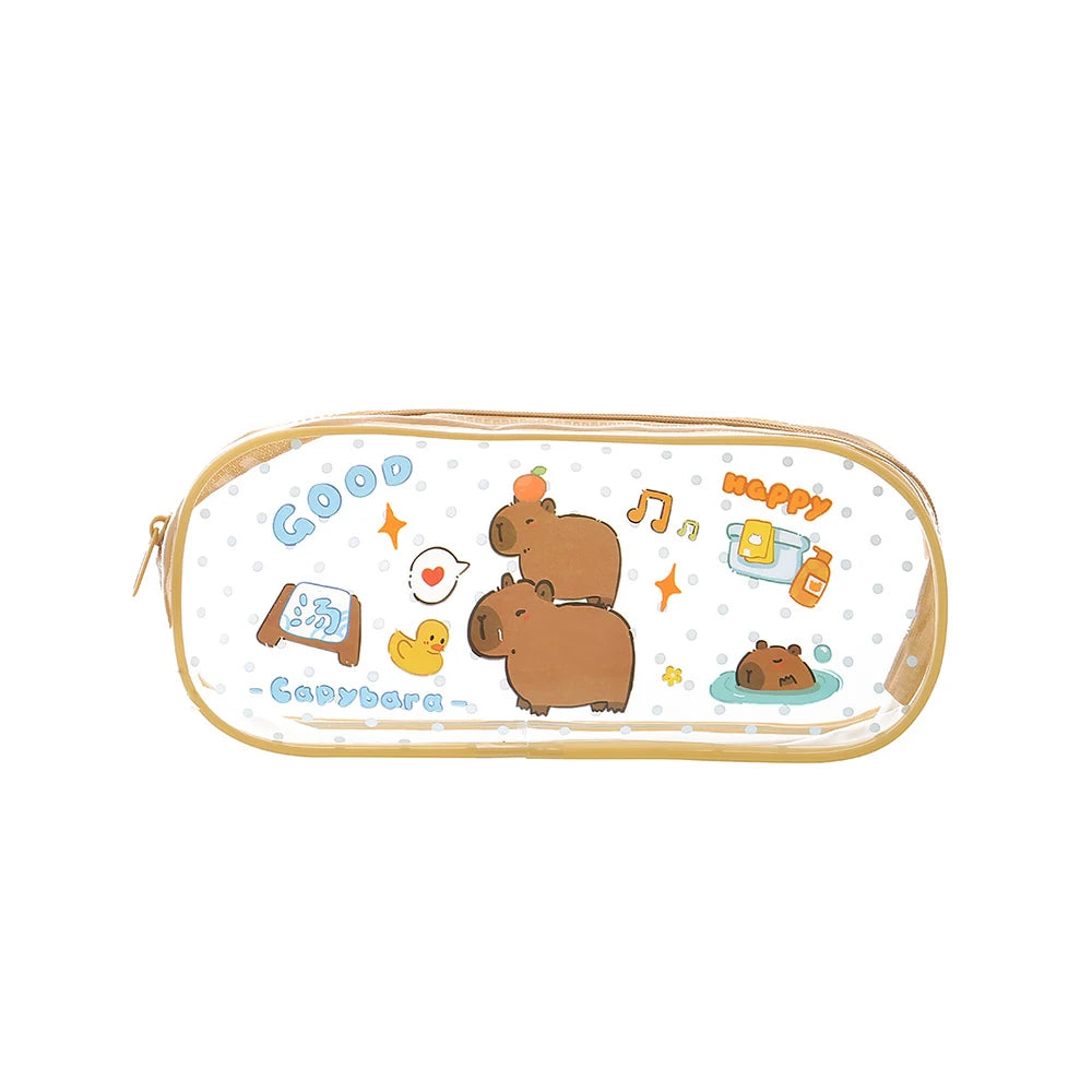 Cartoon Capybara Pencil Case Transparent Waterproof Zipper Pen Pouch Large Capacity Stationary Organizer Bag School Supplies