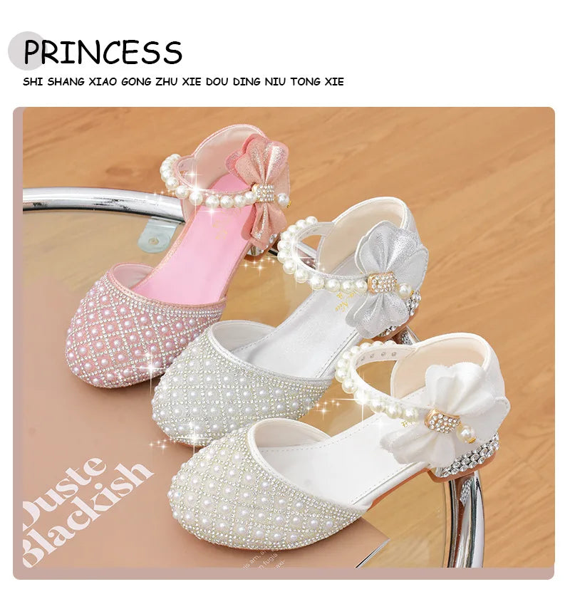 Rhinestones Princess Girls Party Shoes Children Shiny Crystal Bow High Heels Girls Sandals Summer Kids Student Performance Shoes