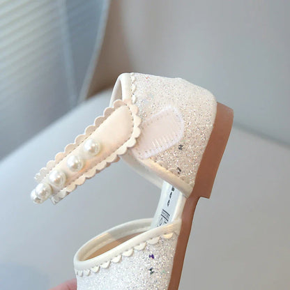 Girl's Princess Shoes Pearl Round Toe Glitter Sweet Kid's Flat Shoe Solid Colors Anti-slip Cute Party Daily Children Shoe