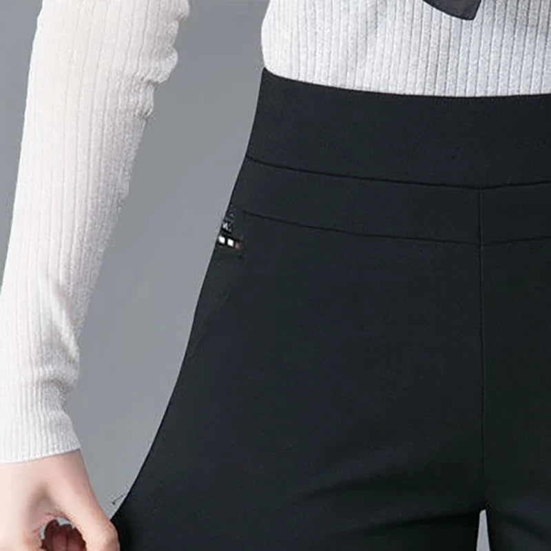 Autumn Winter Casual Elegant Office Slimming Solid Color Fleecing Thick Thin Women's Pants Elastic Waist Tight Pencil Pants (Available)