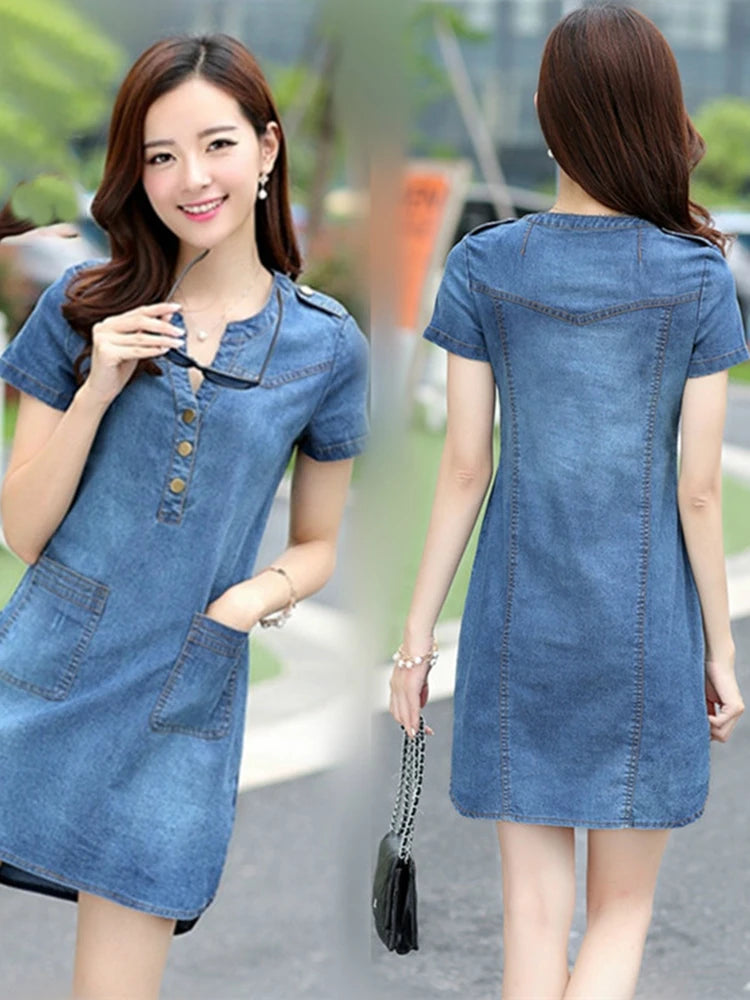 Summer Fashion Women Denim Dresses Casual Short Sleeves V-neck Mini Dresses Elegant Solid Office Ladies Dresses Robe
