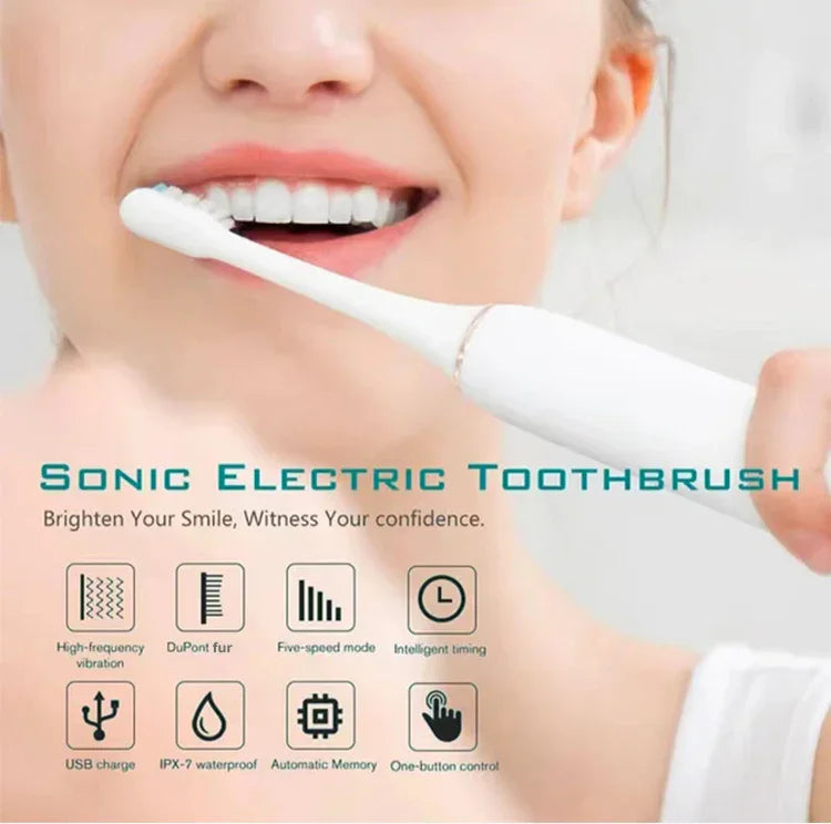 Adult Sonic Electric Toothbrush IPX7 Waterproof with DuPont Brush Head USB Rechargeable High-Frequency Cleaning 6 Modes