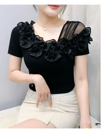 Faionable Floral Lace Ear ort Sve Slimming Me oulder Bared T-Shirt Women's Casual Sle Polyester Fabric Tee irt