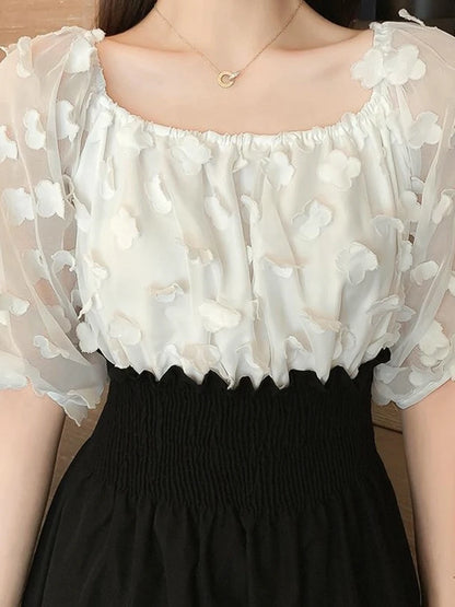 Women Summer French Style Elastic Waist Dress Korean Edition New Splicing Design Slim Half Sleeve Fairy Knee-length Dresses