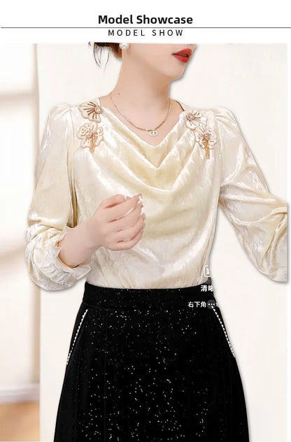 Faionable Floral Patchwork Long Sve irt Women's Winter Luxury Sle Ele Top French Sle Loose Fit Polyester Fiber