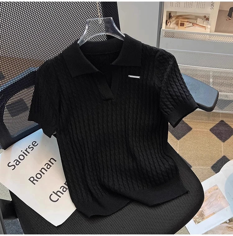 White  irt ort Sve Knitted Top Women's oulder Straight Summer T-irt Commute Sle Korean Version Straight Tube