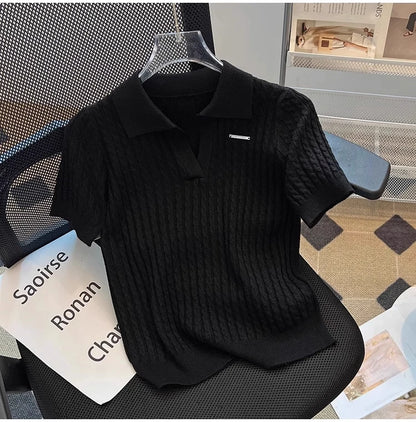 White  irt ort Sve Knitted Top Women's oulder Straight Summer T-irt Commute Sle Korean Version Straight Tube