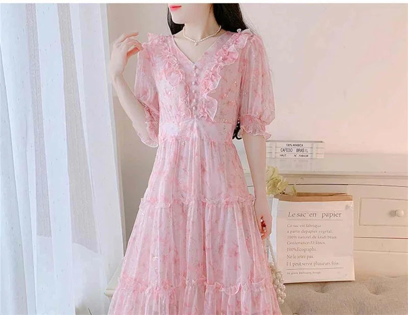 Boho Dress Women Floral Print Wrap Long Holiday Dress Ruffles Female Casual V-Neck Beach A Line Beach Dress Party Vestidos