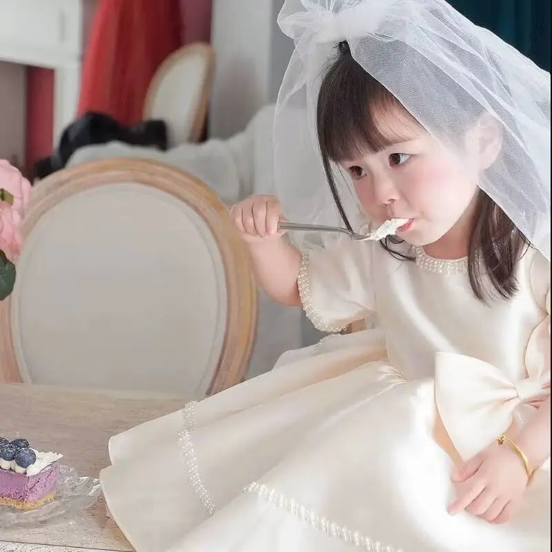 Wedding Bow Girl Dress Suitable for Girls Aged 1-8 Dresses V-neck Long sheer Party Costume Carnival Costume