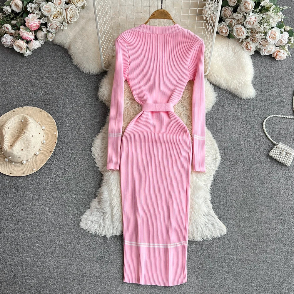 Women Dress 2025 Autumn Winter Elegant Rib Knit Long Pencil Dress with Belt Office Lady Bodycon Sweater Dress Vestidos