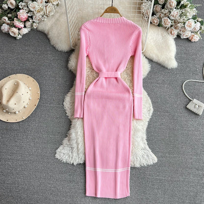 Women Dress 2025 Autumn Winter Elegant Rib Knit Long Pencil Dress with Belt Office Lady Bodycon Sweater Dress Vestidos
