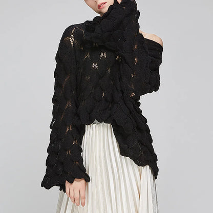 Hot 2026 Autumn Winter New European American Women's Fashion Hollow Loose Knitted Sweater Round Neck Trumpet Sleeve Head Sweater