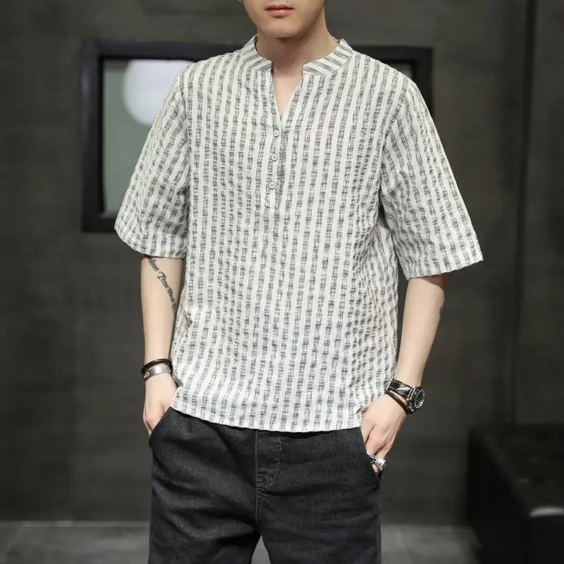 Men's Light Blue Denim Shirt Oversized Short Sleeve Button-Down Casual Top(Available)