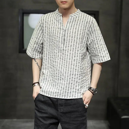 Men's Light Blue Denim Shirt Oversized Short Sleeve Button-Down Casual Top(Available)