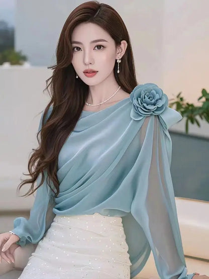Spring Autumn New Solid Color Solid Color Long Sleeve Blouse Women High Street Casual Floral Patchwork Pullovers Elegant Tops
