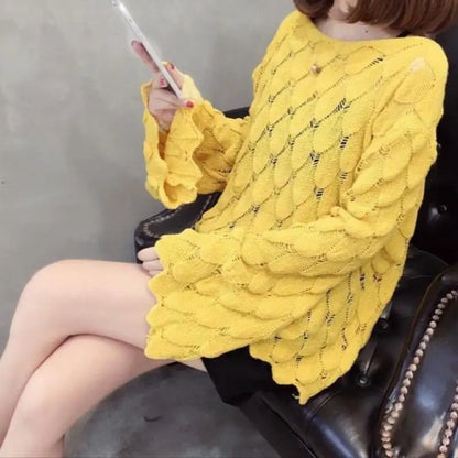 Hot 2026 Autumn Winter New European American Women's Fashion Hollow Loose Knitted Sweater Round Neck Trumpet Sleeve Head Sweater