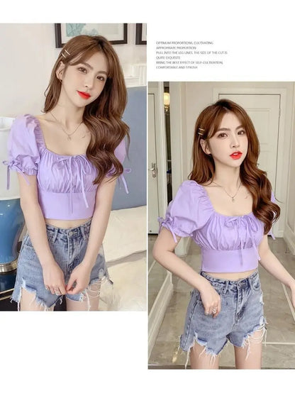 New Women's One-shoulder Lace-up Short Sleeve Waist-hugging Top