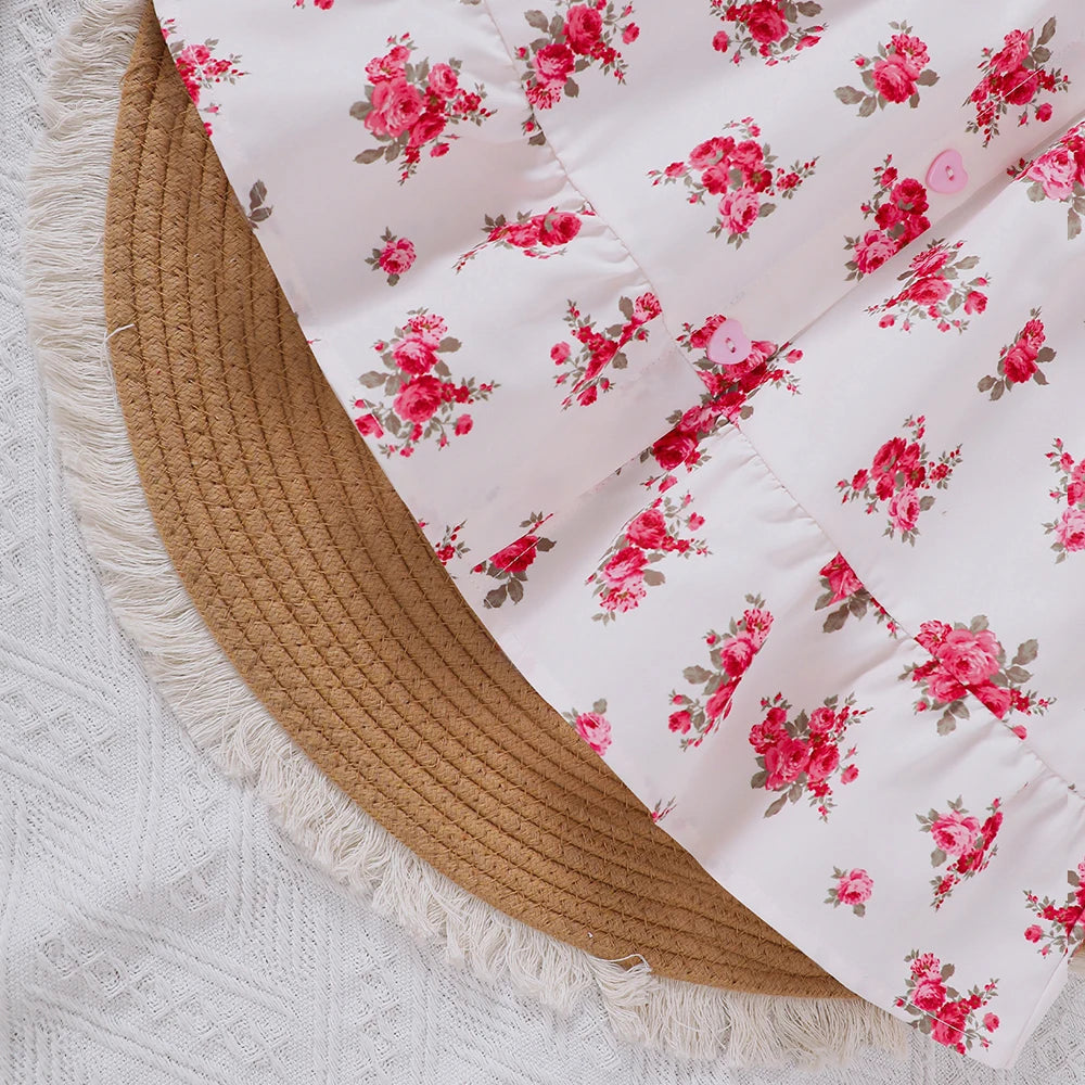 Girls' spring and summer new style sweet floral dress with flying sleeves