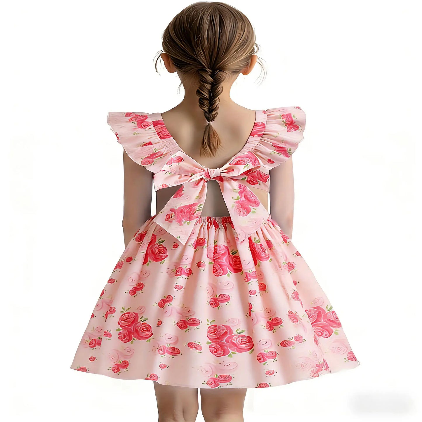Girls Rose Print Dress Ruffled Flutter Sleeve Back Bow Design Pink Floral Party Dress for Toddler Kids Casual Outdoor Outfit