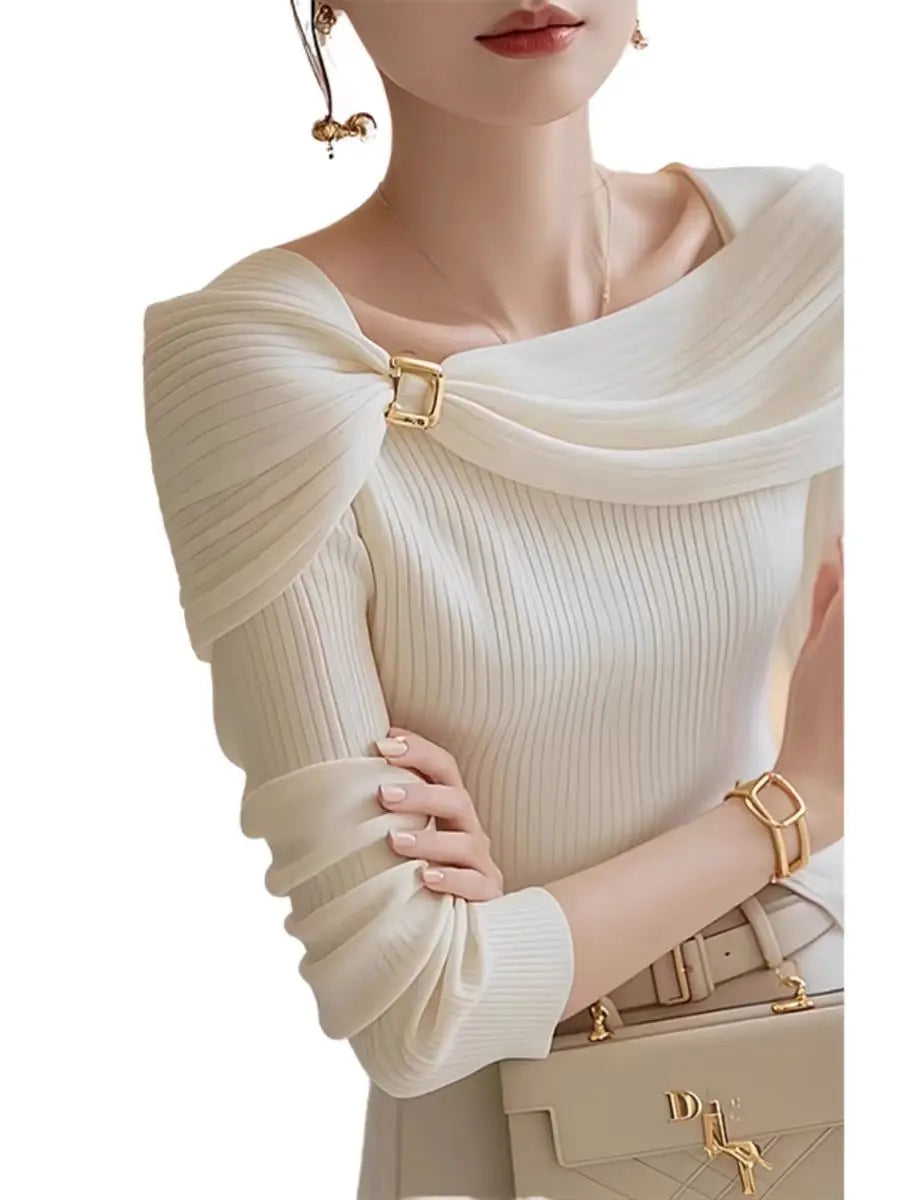 Ele White Knitted One-oulder Top for Women Early Autumn Design Unique Personali Commute Sle Slim Fit Long Sve T-...