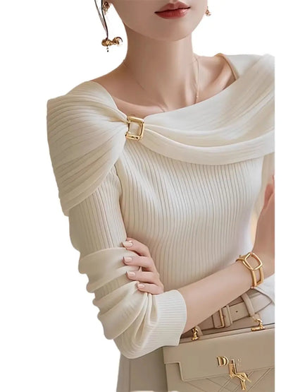 Ele White Knitted One-oulder Top for Women Early Autumn Design Unique Personali Commute Sle Slim Fit Long Sve T-...