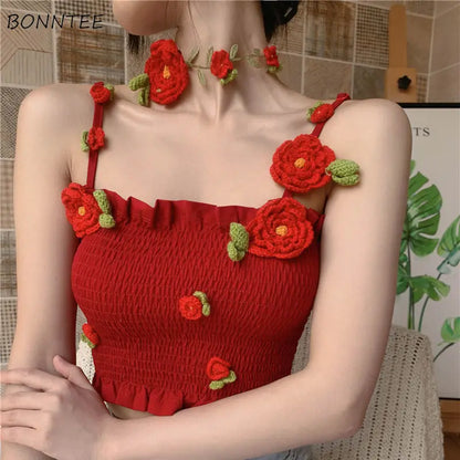 Camis Women 3D Decoration Patchwork Crop Top Slim Design Retro Classic Sexy Basic Korean Style Ulzzang Ins Holiday College Young