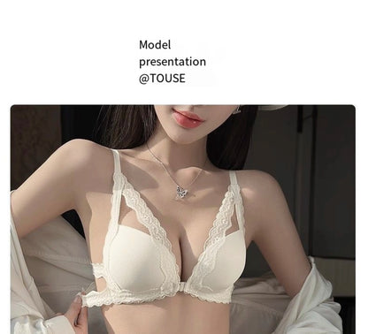 Front button underwear ladies small breasts gathered 2025 spring summer new sexy pure lace white beautiful back bra set