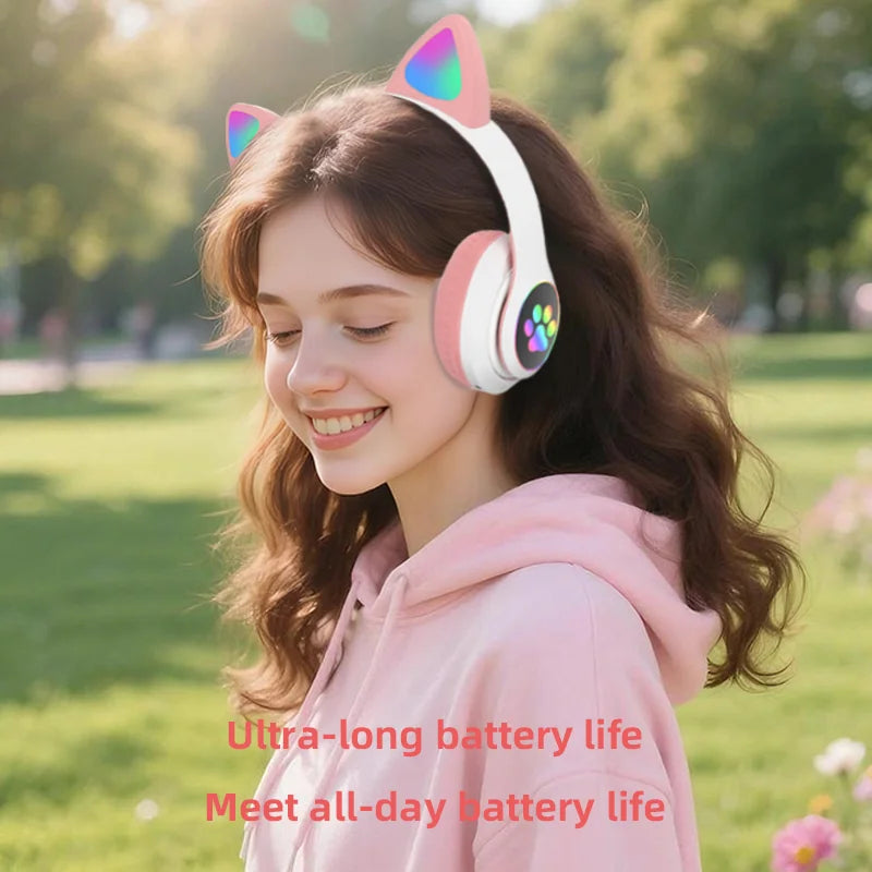 P47M Wireless Headphone Flash Light Cute Cat Bluetooth with Mic Control LED Stereo Music Helmet Phone Bluetooth Headset Gift