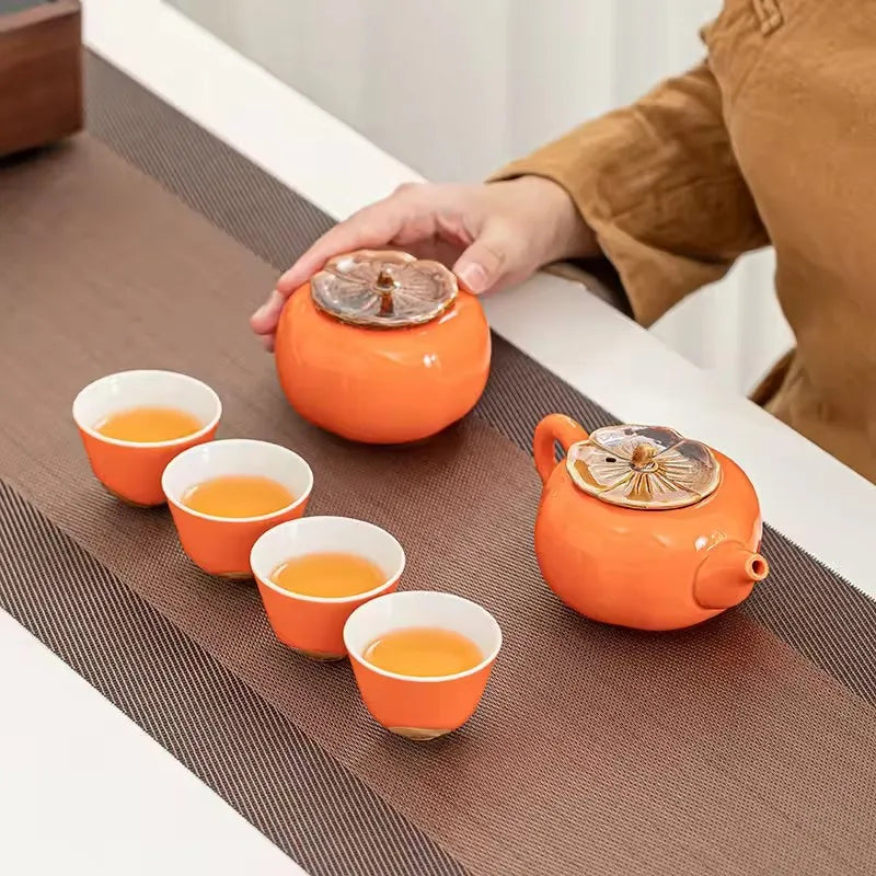 Chinese Travel Kung Fu Ceramic Tea Set 1 Teapot 4 Teacups Tea Ceremony Portable Persimmon Shape Teapot Exquisite Gift Box