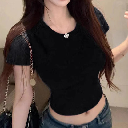 Fashion Women T-shirt Short Sleeve O Neck Solid Slim Fit Ladies Crop Top Butterfly Hollow Backless for Casual Tops Summer 2024