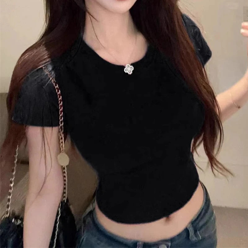 Fashion Women T-shirt Short Sleeve O Neck Solid Slim Fit Ladies Crop Top Butterfly Hollow Backless for Casual Tops Summer 2024
