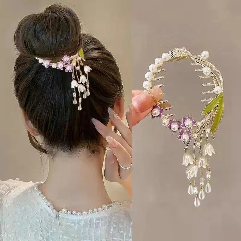 Ladies Butterfly Rhinestone Pearl Metal Hair Claw Round Bun Ponytail Holder (Available)