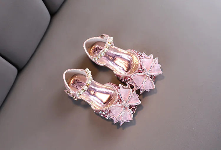 Girls Sandals Princess Single Shoes Rhinestone Butterfly Dance Kids Shoes Glitter Leather Party Dress Wedding Shoes E615