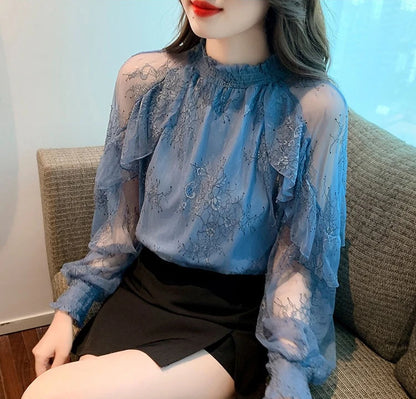 Chiffon Women's Shirt and Blouse Lace Flowers Luxury Designer Youthful Woman Clothes Vintage Clothing Female Tops Trend 2025 New