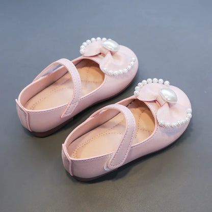 Girl's Leather Shoes Casual Simple Bowtie with Pearls 2024 New Flat Shoes Soft Sole Baby Kids Dress Shoes Children Party Flats