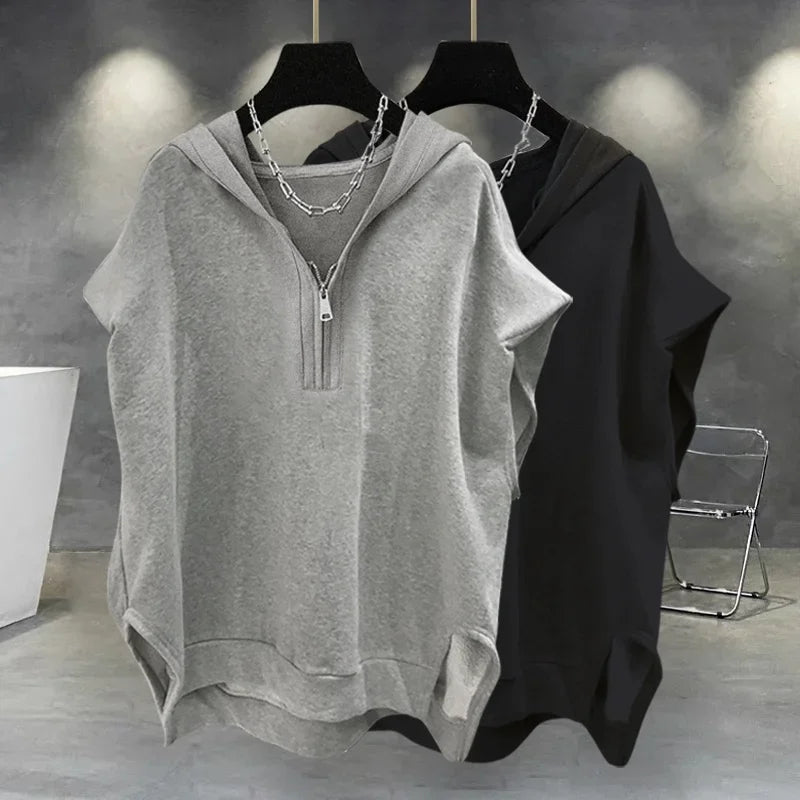 Summer Men's Zip up Sleeveless Hooded T-shirt 2024 New Korean Fashion Tank Tops Y2K Streetwear Casual Vests Hip Hop Tee Shirts(Available)